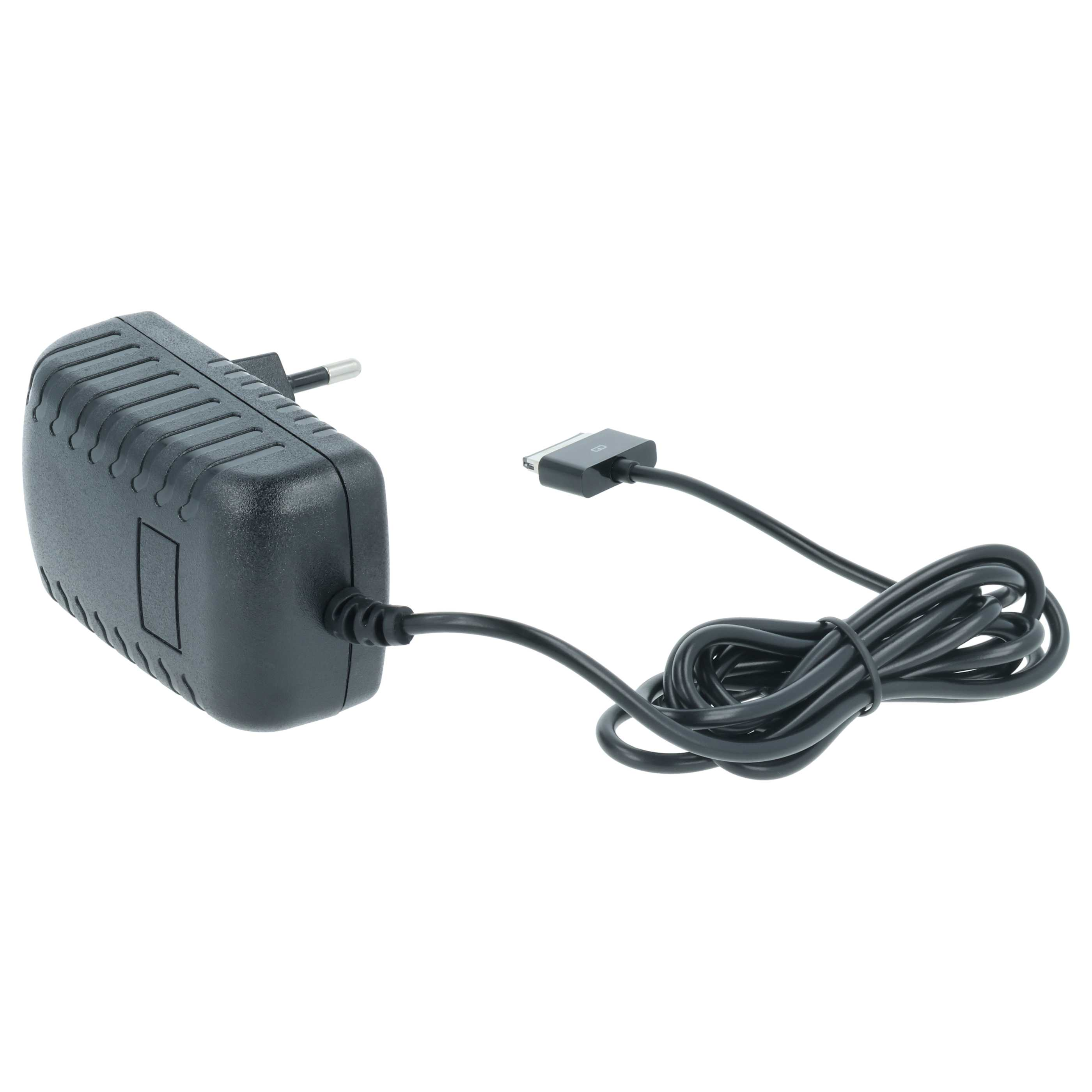 Schwarzes Netzteil mit Kabel und Stecker. Das Kabel ist aufgerollt. Weißer Hintergrund.