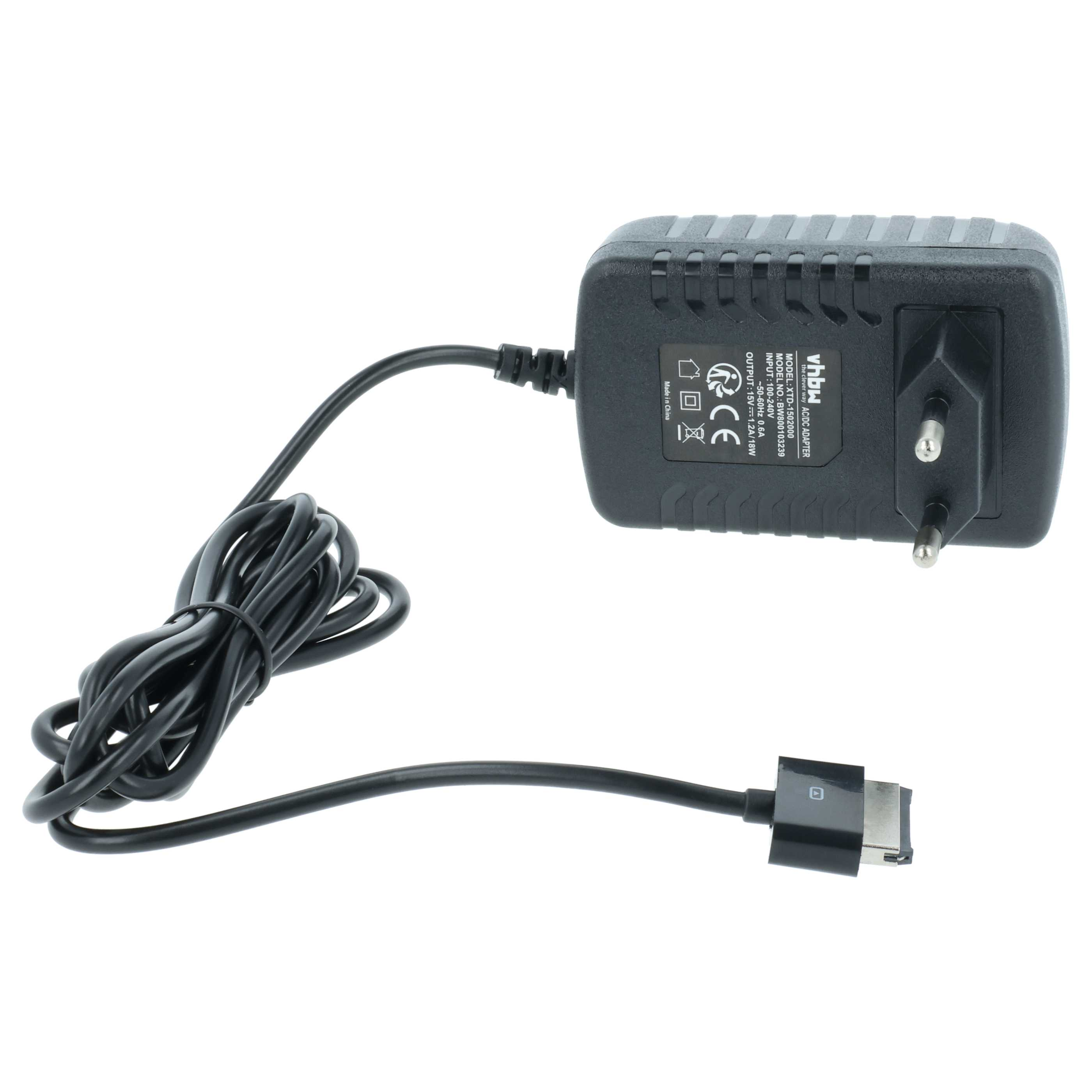 Schwarzes AC/DC-Netzteil mit schwarzem Kabel und Stecker. Der Adapter befindet sich auf weißem Grund.