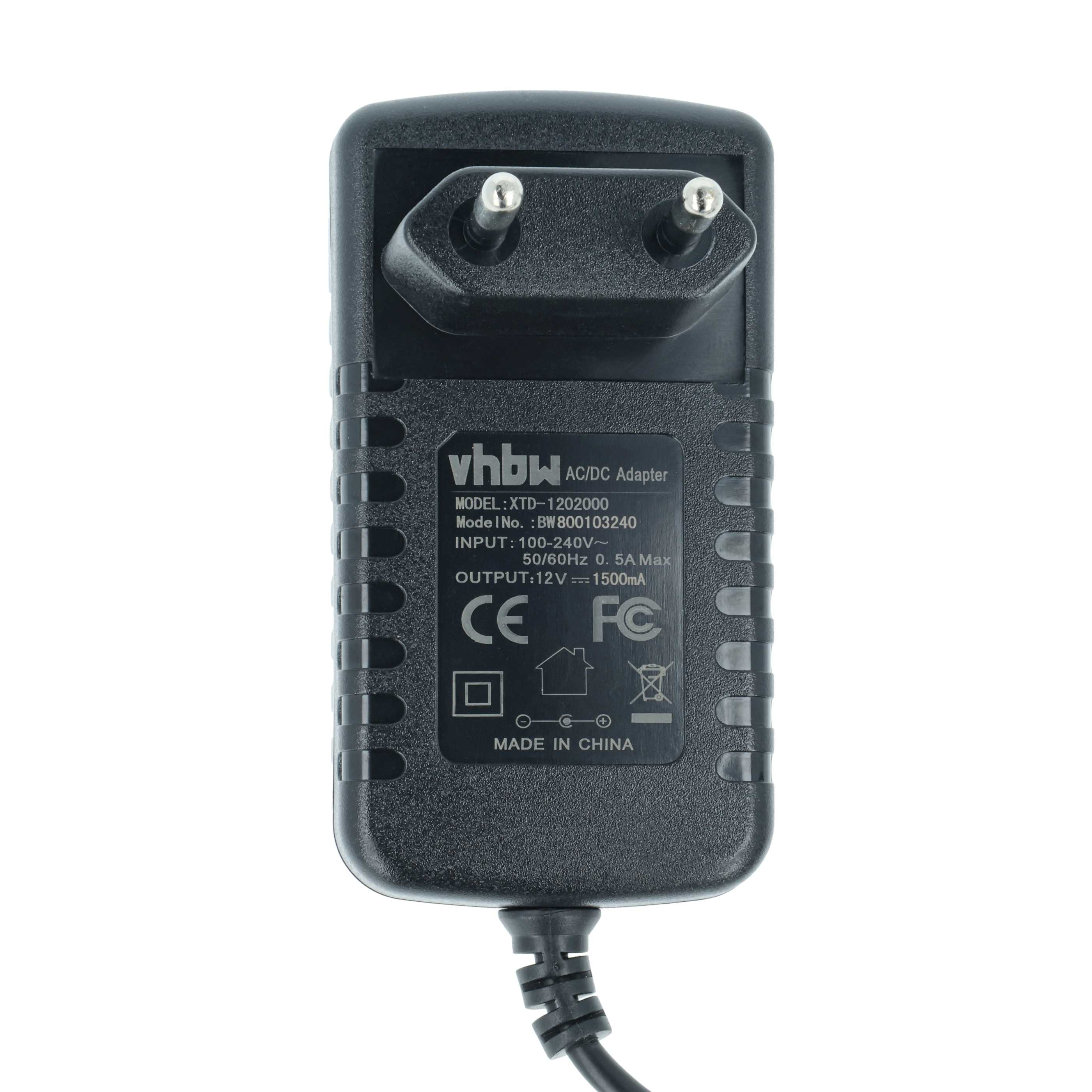 Schwarzer AC/DC-Adapter mit zwei Stiften. Es hat ein Etikett mit Text und Symbolen. Hergestellt in China.