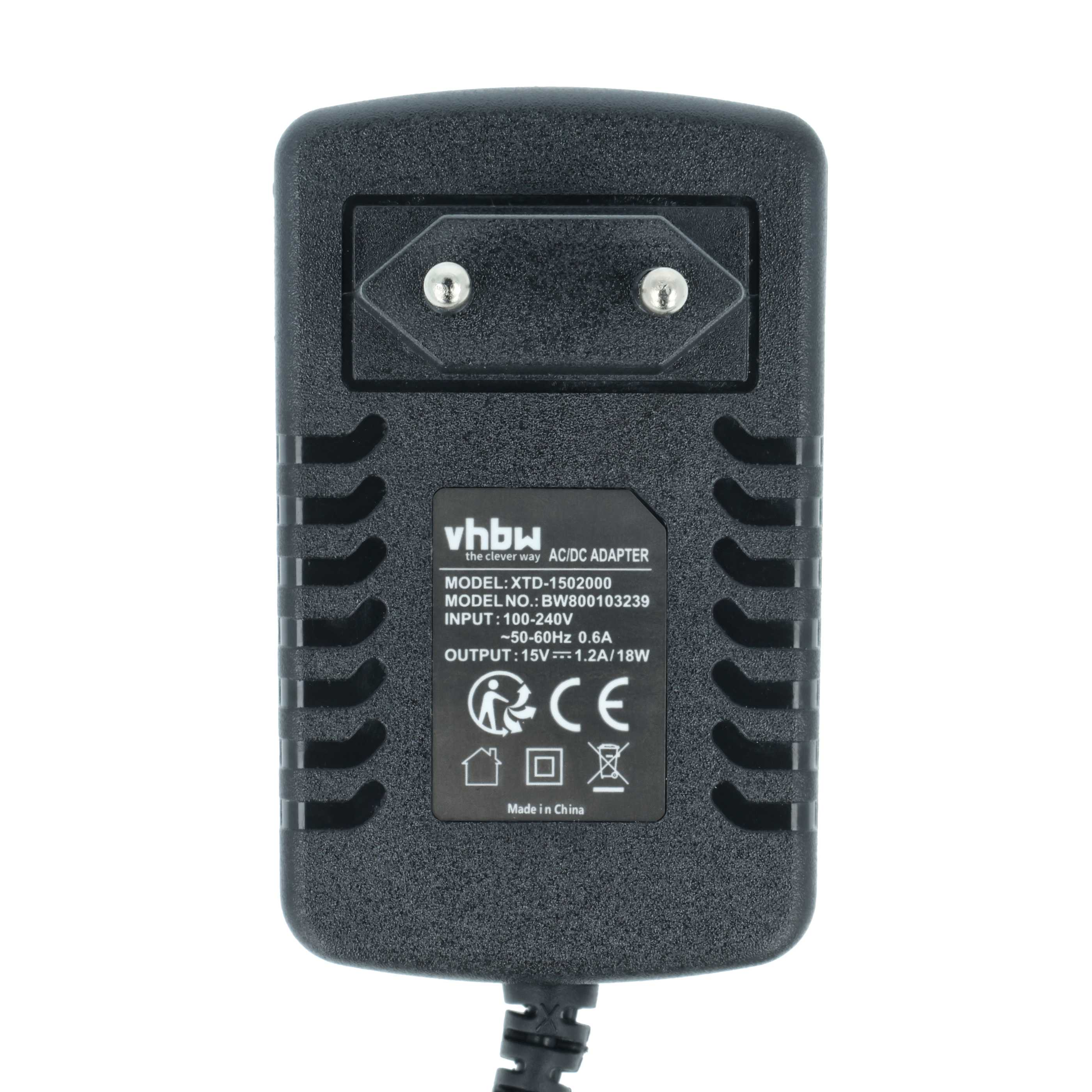 Ein schwarzer AC/DC-Adapter mit Stecker oben und Text auf der Vorderseite. Es steht 'Made in China'.