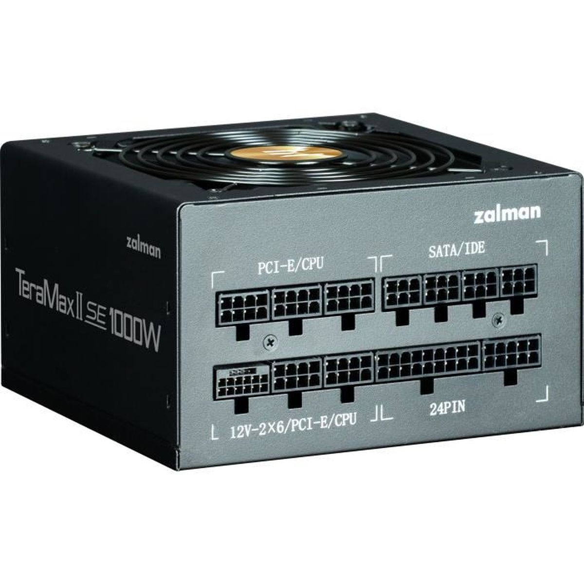 Siyah ve gri Zalman TeraMax II SE 1000W güç kaynağı. Bağlantı noktaları ve soğutma fanı içerir.