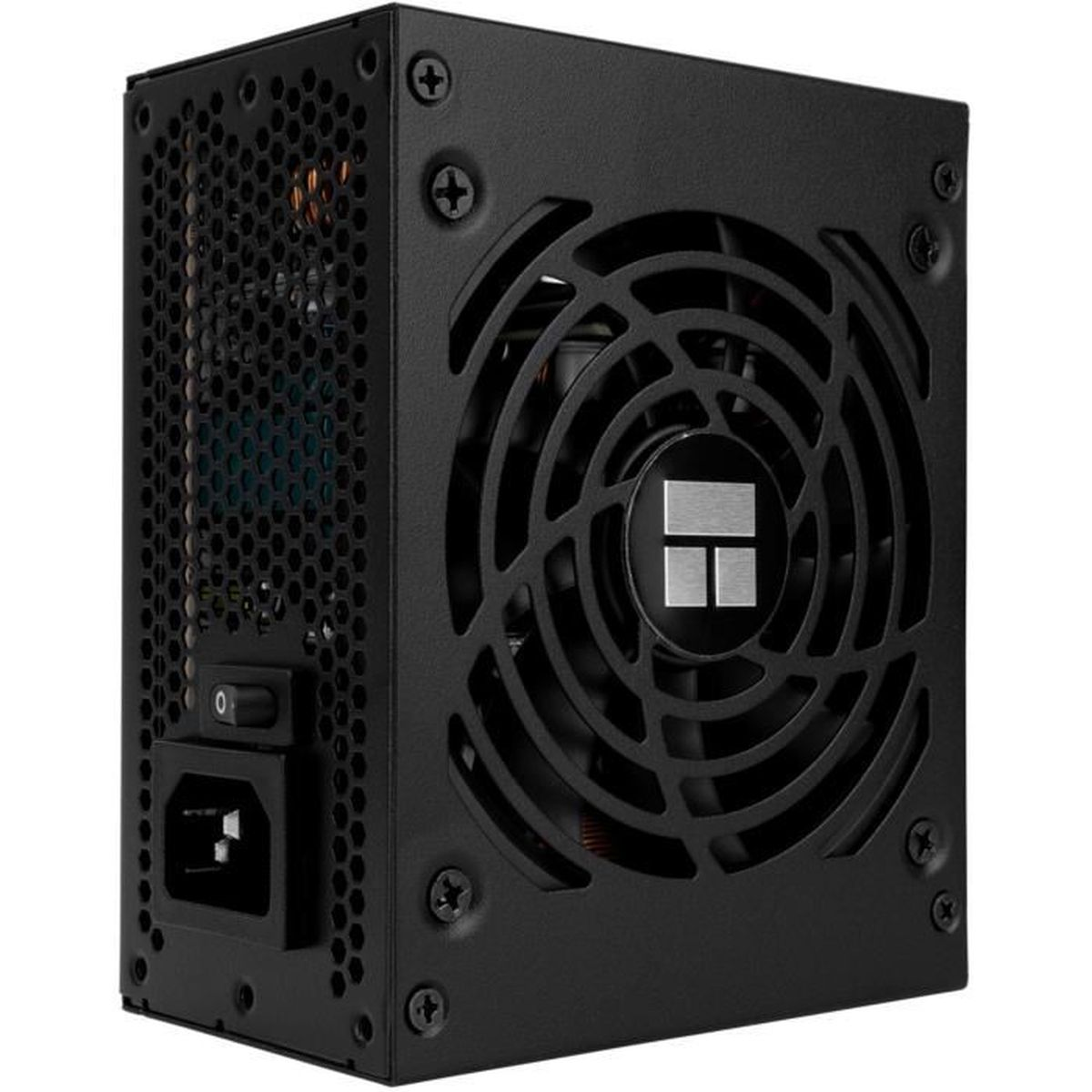 Un alimentatore per computer nero. Ha una griglia del ventilatore, un interruttore di alimentazione e un ingresso CA. L'unità è rettangolare.
