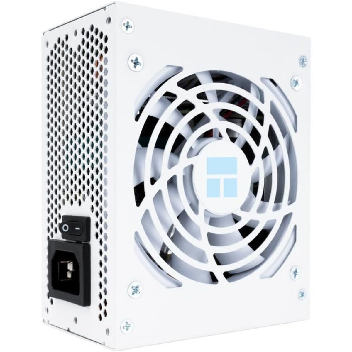 Alimentatore per computer bianco. Dotato di ventola, fori di ventilazione, interruttore e porta di ingresso. Viti fissano i pannelli.
