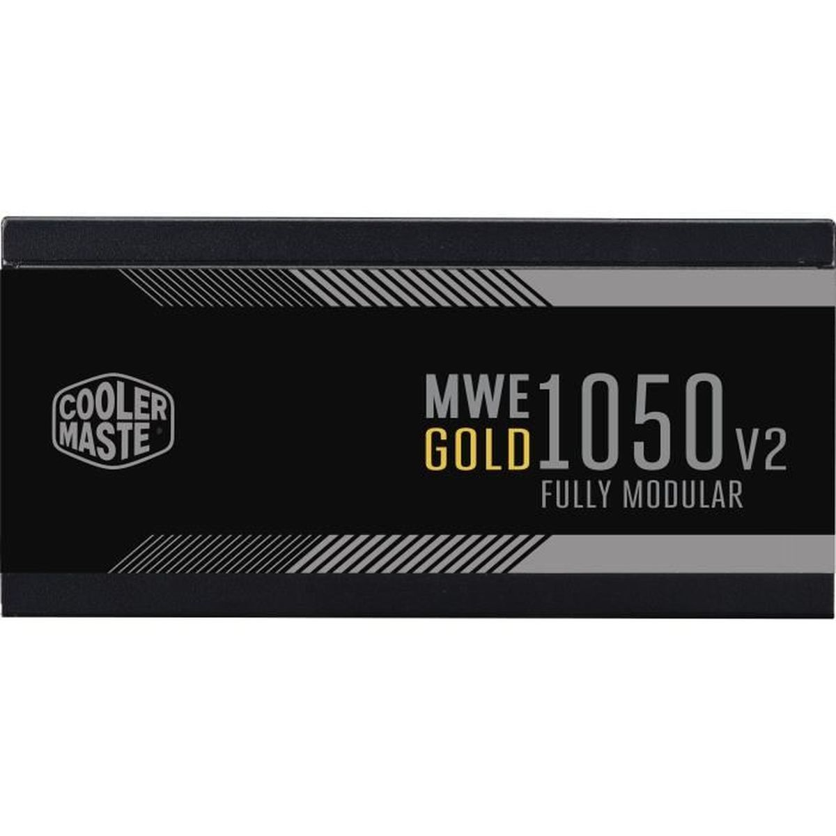 Black Cooler Master MWE Gold 1050 V2 power supply unit. Text includes 'COOLER MASTER', 'MWE GOLD 1050 V2', and 'FULLY MODULAR'.