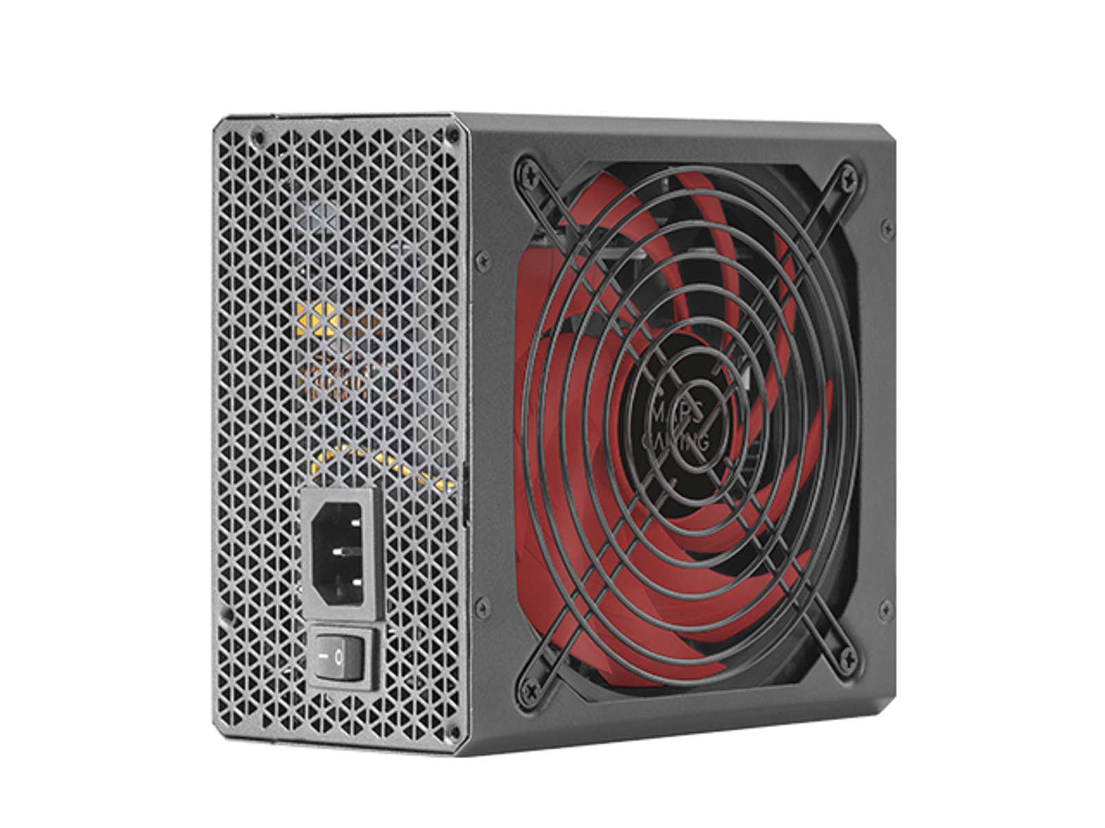 Una fuente de alimentación de computadora. Tiene un ventilador con aspas rojas y una rejilla negra. El lado tiene una malla y entradas de alimentación.