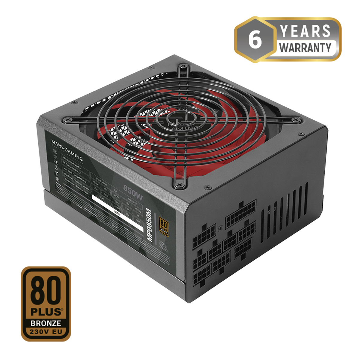 Una fuente de alimentación Mars Gaming de 850W. Tiene una carcasa negra, un ventilador rojo y la certificación 80 Plus Bronze.
