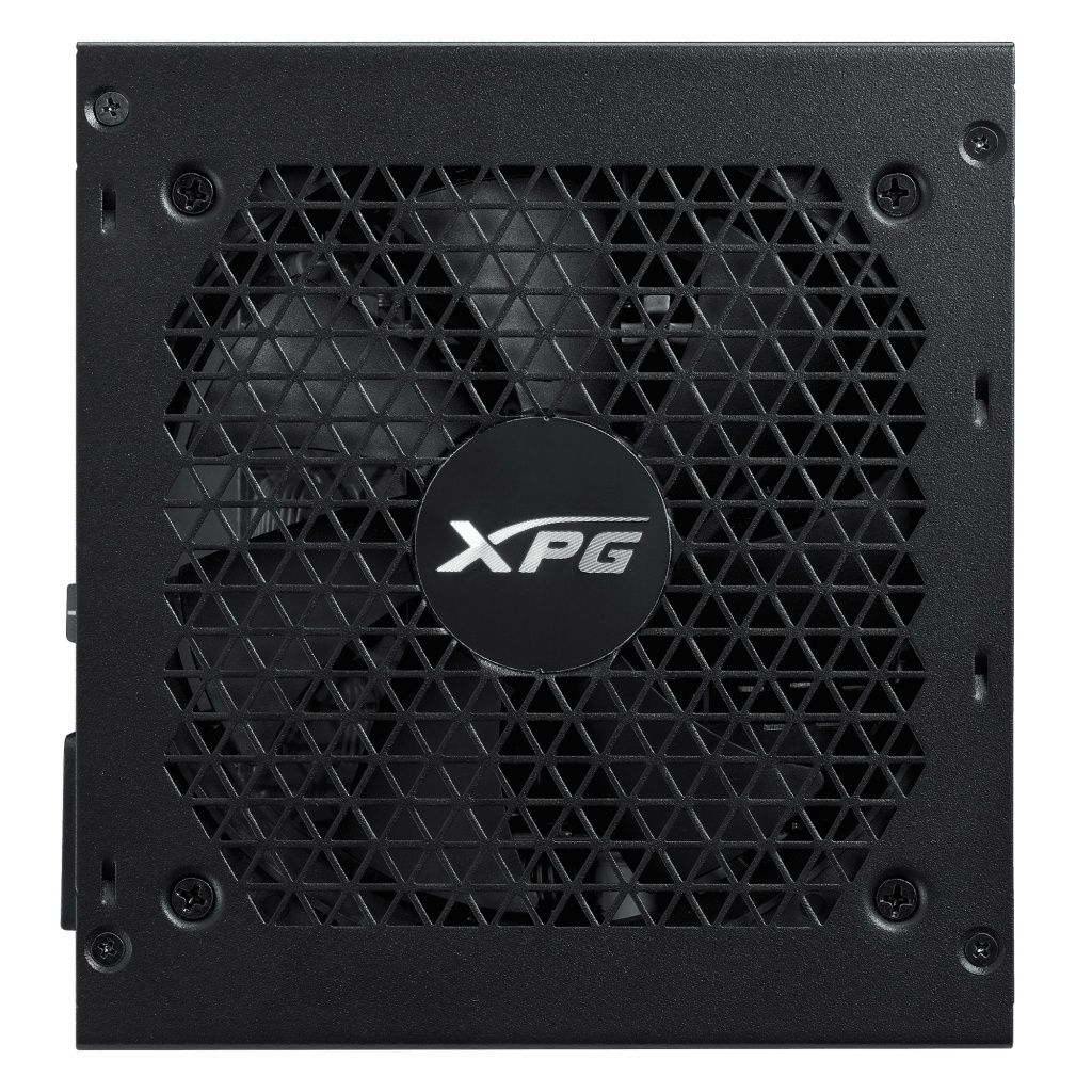 Schwarzes Computer-Netzteil mit Lüfter und Metallgitter. Das Logo 'XPG' ist mittig auf dem Lüfter.