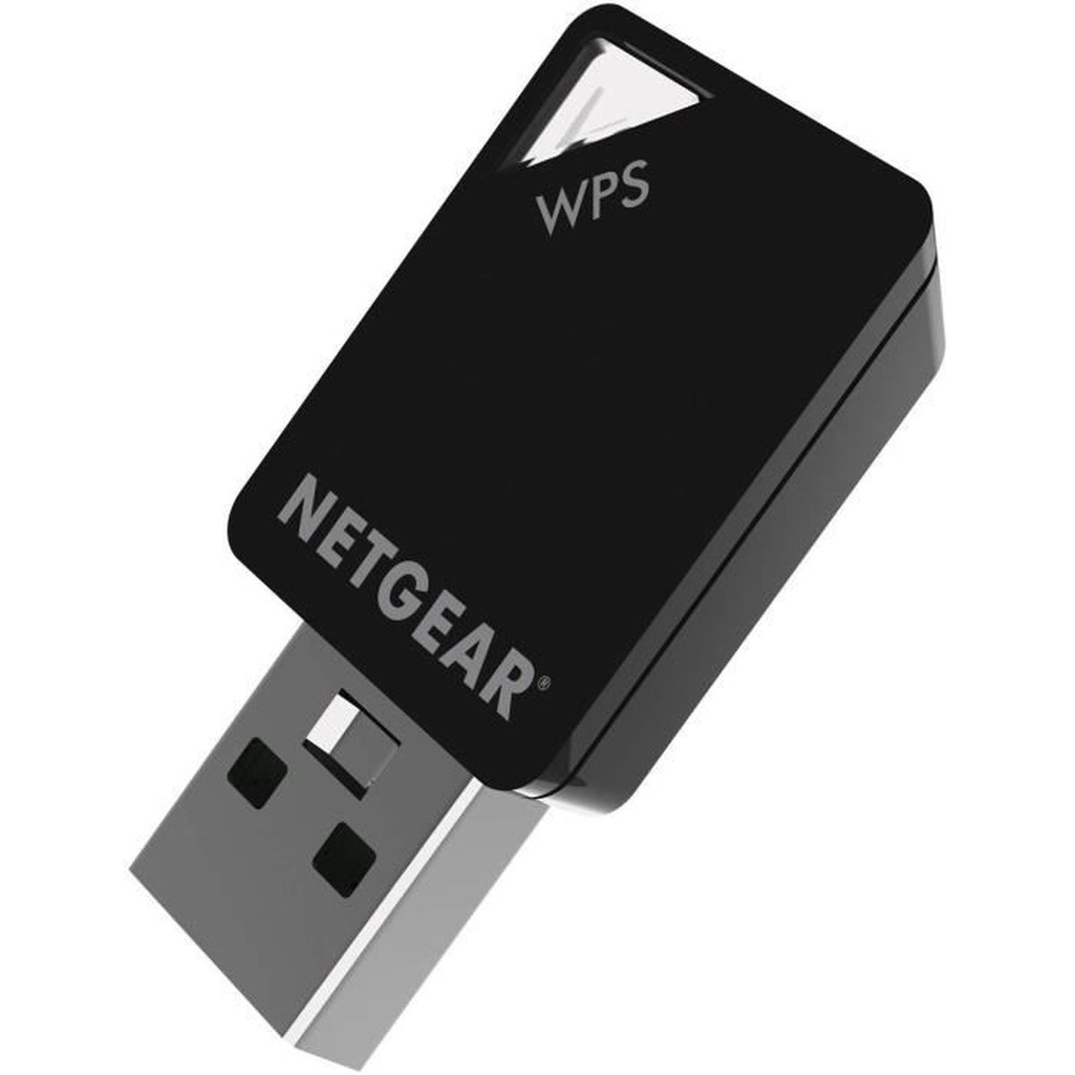 Un adaptateur WiFi Netgear noir. Il possède un connecteur USB et un bouton WPS. Le nom de la marque est clairement visible.