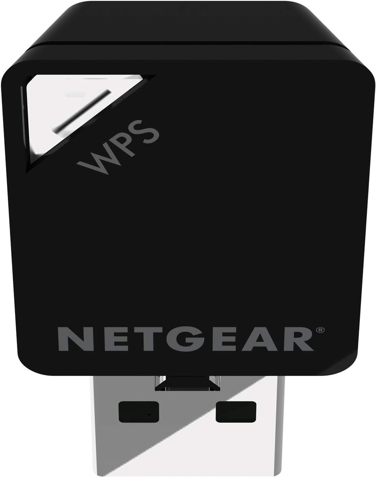 Un adaptateur WiFi Netgear noir avec connecteur USB. Il a un bouton WPS et le logo Netgear.
