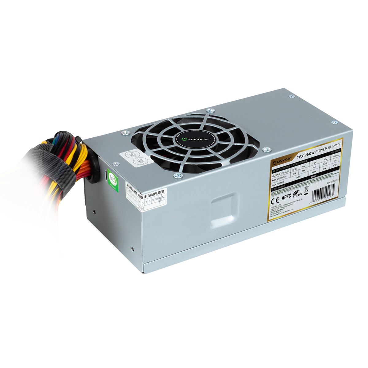 Un alimentatore UNYKA TFX 250W argentato. Ha una ventola, etichette e un cavo multicolore collegato. Lo sfondo è bianco.