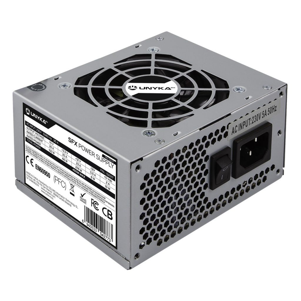 A silver SFX power supply with a fan, an AC input, and a power switch. It has labels with technical specifications.