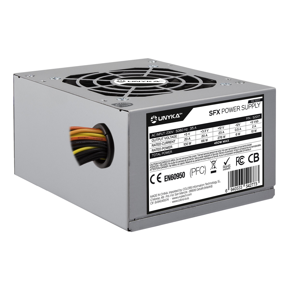 Silver SFX power supply with black fan, cables, and label. Text includes brand, model, and technical specifications.
