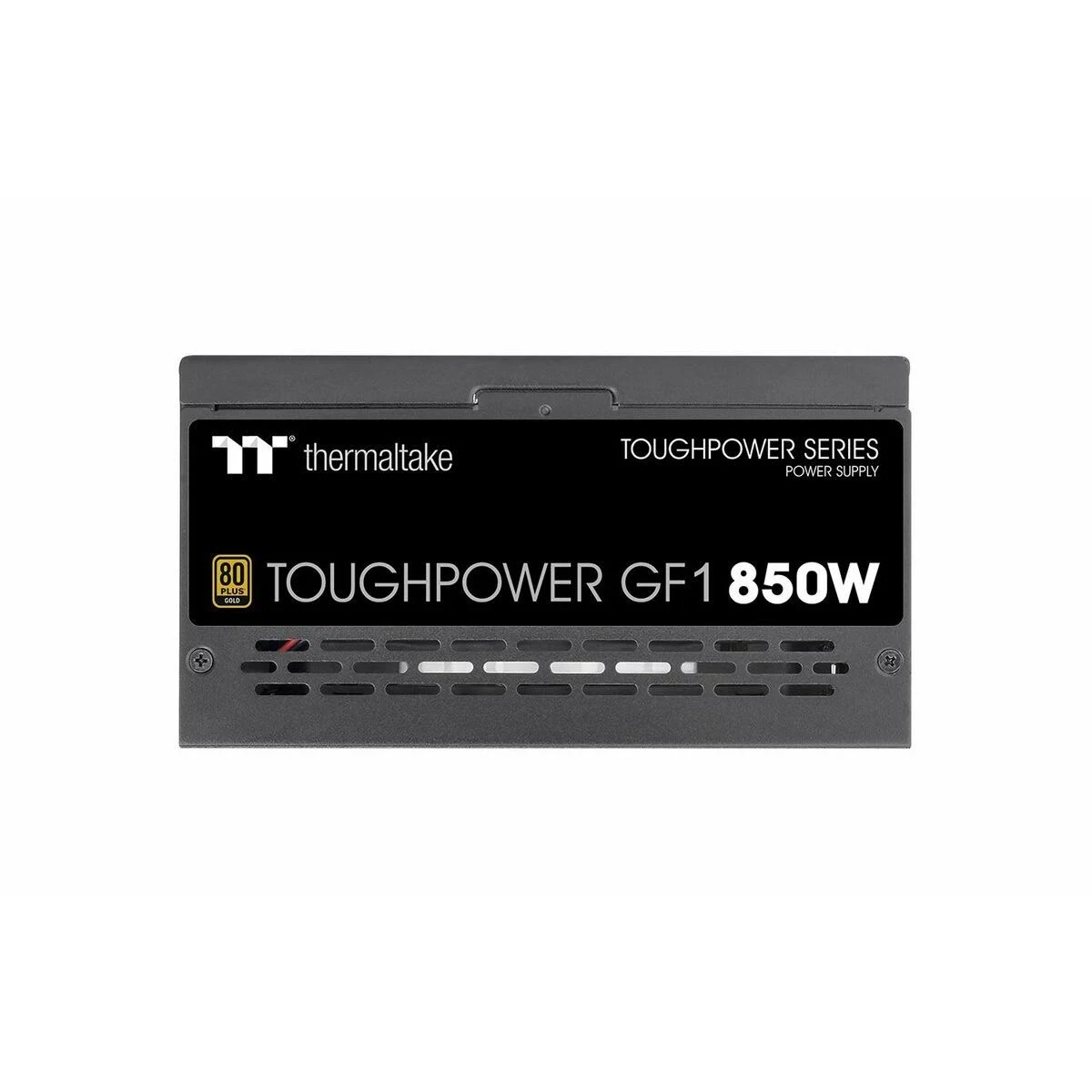 Alimentatore nero Thermaltake Toughpower GF1 850W. Caratteristiche del logo Thermaltake, certificazione 80 Plus Gold e dettagli.