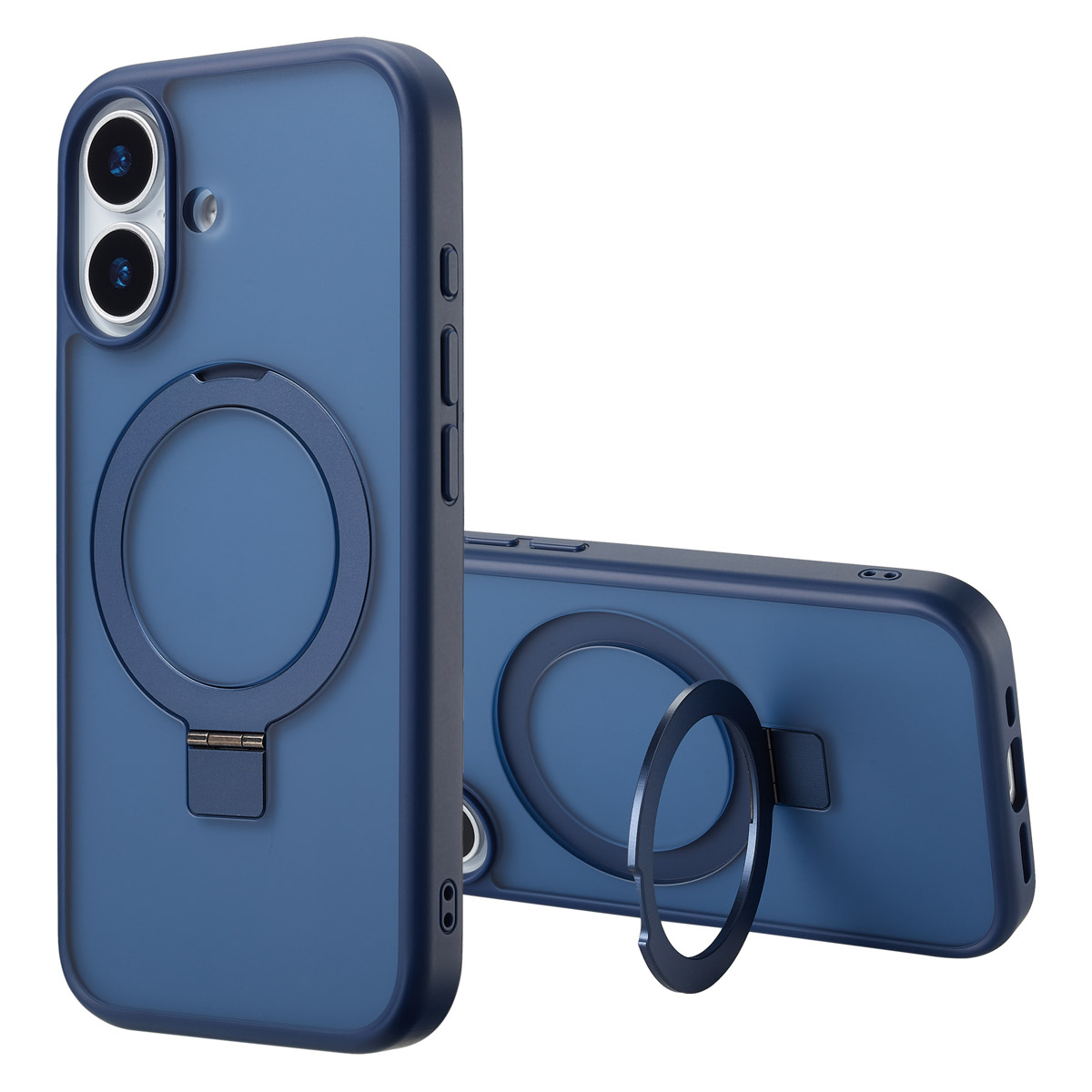 Er worden twee blauwe telefoonhoesjes met ringhouders getoond. Eén staat rechtop, de ander ligt. Beide hebben een cirkelvormige ring met een scharnier.