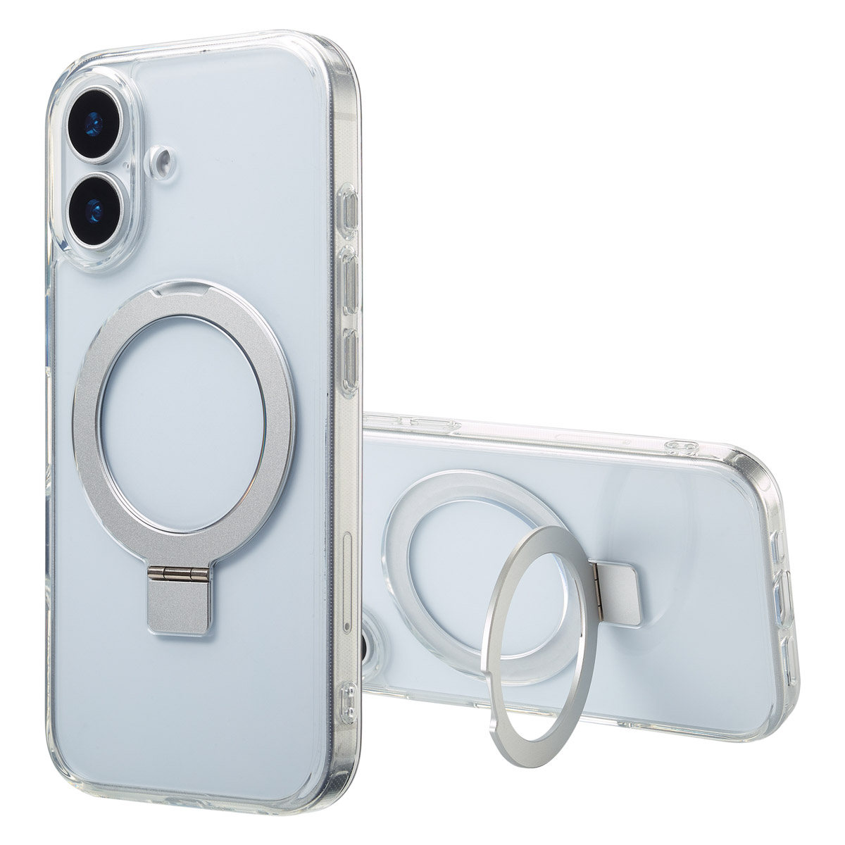 Twee doorzichtige telefoonhoesjes met een zilveren ringhouder. Eén staat rechtop, de andere ligt. Beide op een witte achtergrond.