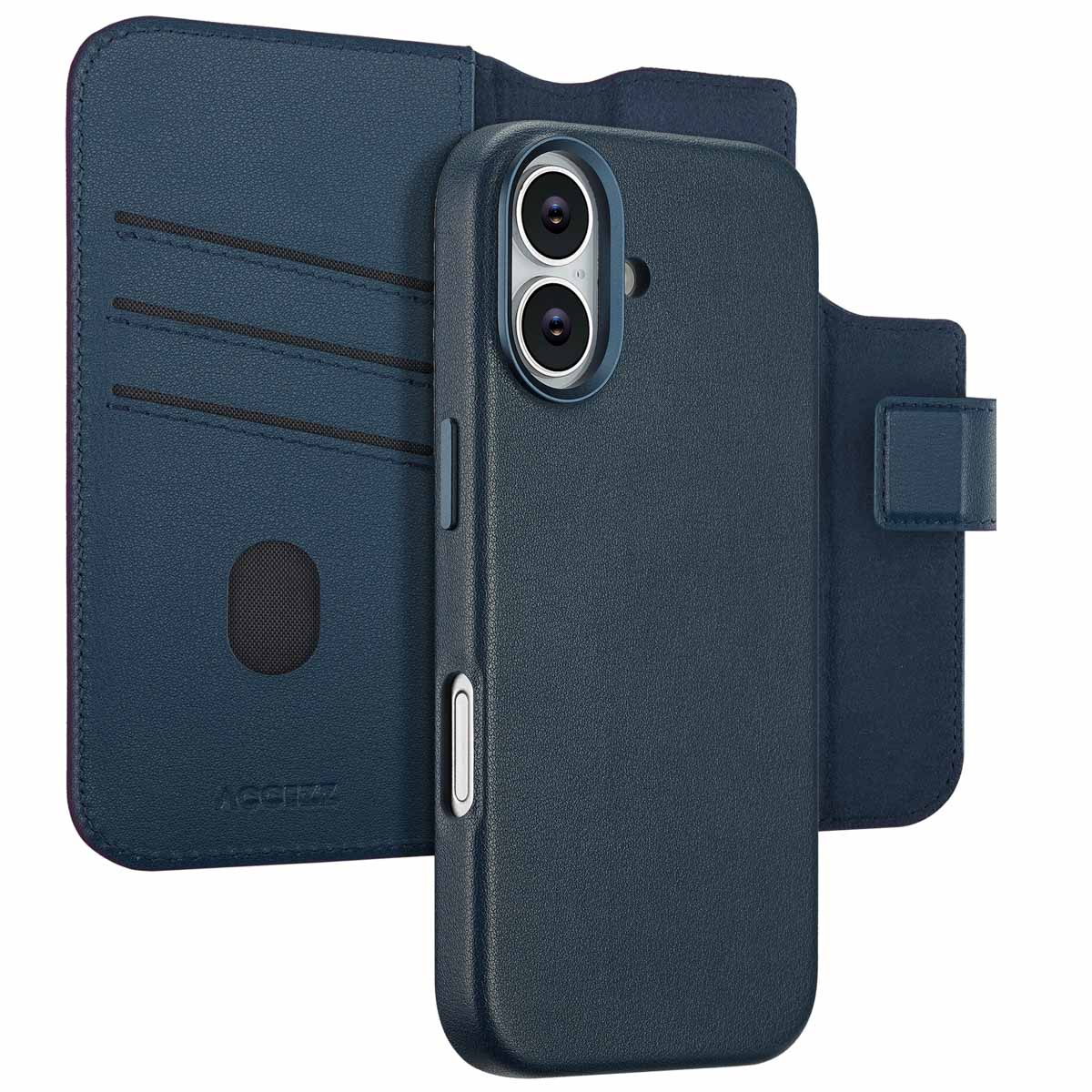 Een donkerblauwe telefoonhoes met een portemonnee. De hoes heeft ruimte voor een telefoon en de portemonnee heeft kaartsleuven.