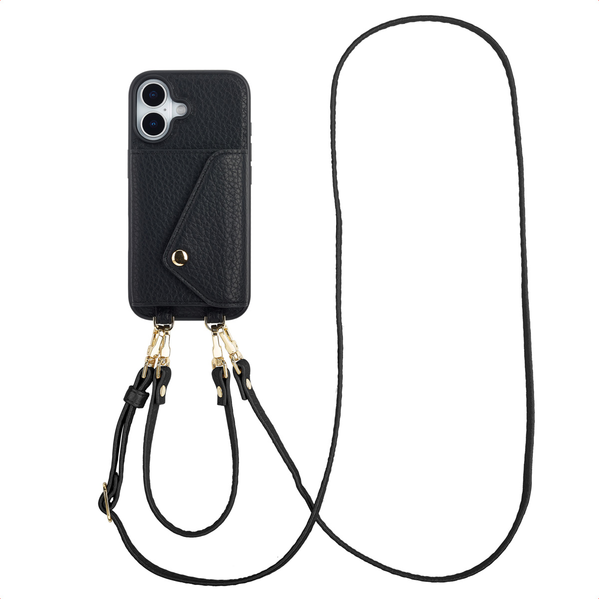 Un étui de téléphone noir avec une sangle. L'étui a une poche et est attaché à une sangle noire. L'étui est pour un iPhone.