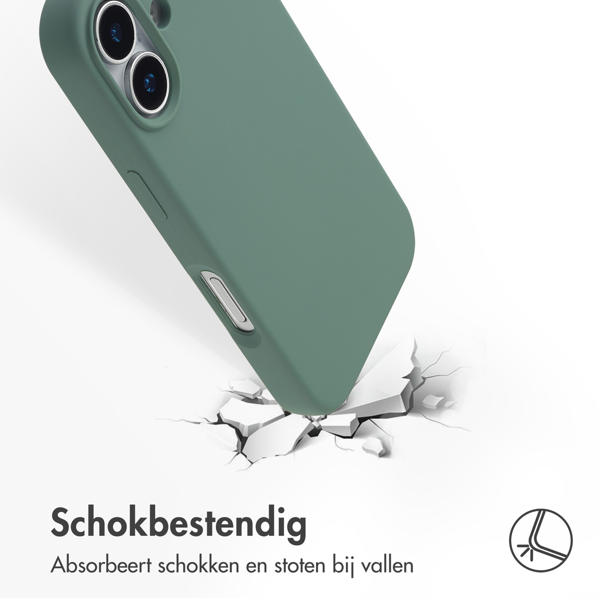 Een groene telefoonhoes valt op een oppervlak en breekt het. De hoes staat schuin, de camera is zichtbaar. Tekst: Schokbestendig.