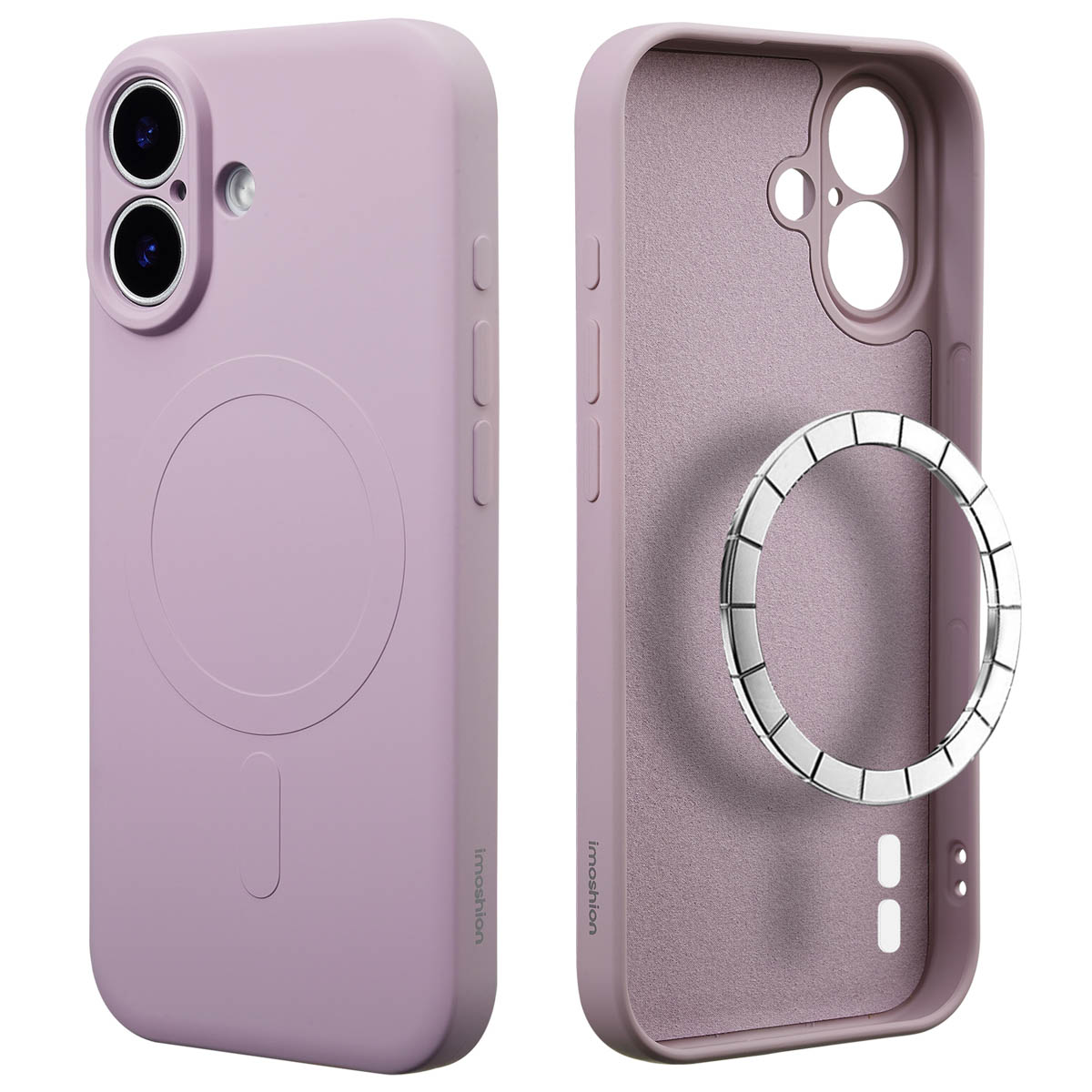 Twee lavendelkleurige telefoonhoesjes, één met telefoon erin, één open. Een zilveren ring naast de open hoes.
