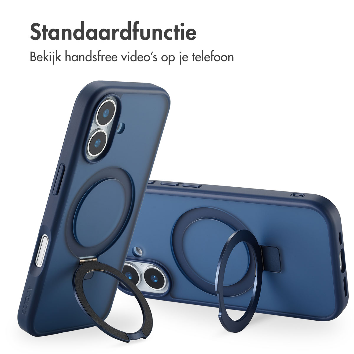 Twee blauwe telefoonhoesjes met ringhouders. Eén hoesje staat rechtop, de andere ligt. De tekst hierboven zegt 'Standaardfunctie'.