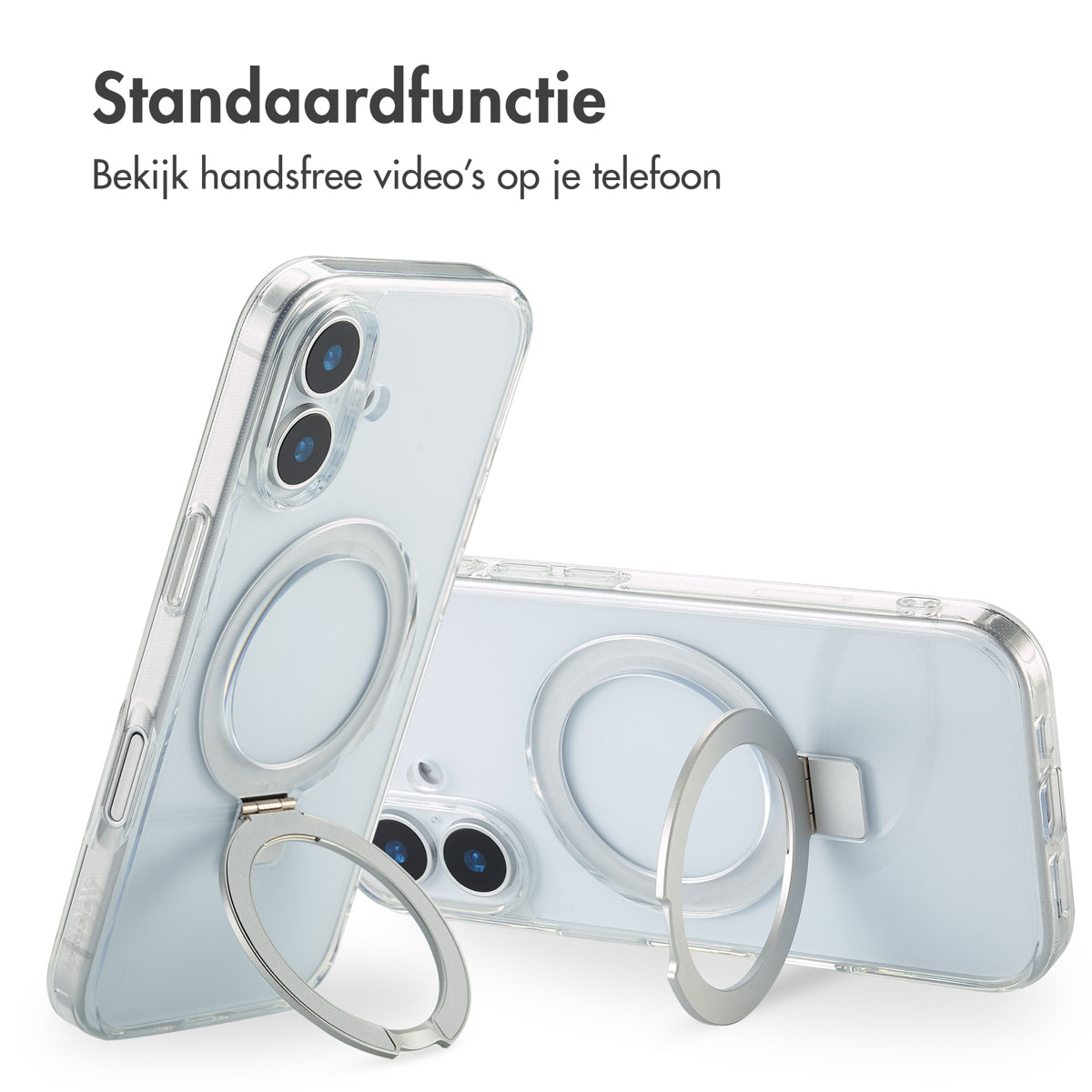 Twee smartphones met transparante hoesjes en zilveren ringhouders. De telefoons staan op een witte ondergrond. Tekst bovenaan: 'Standaardfunctie'.