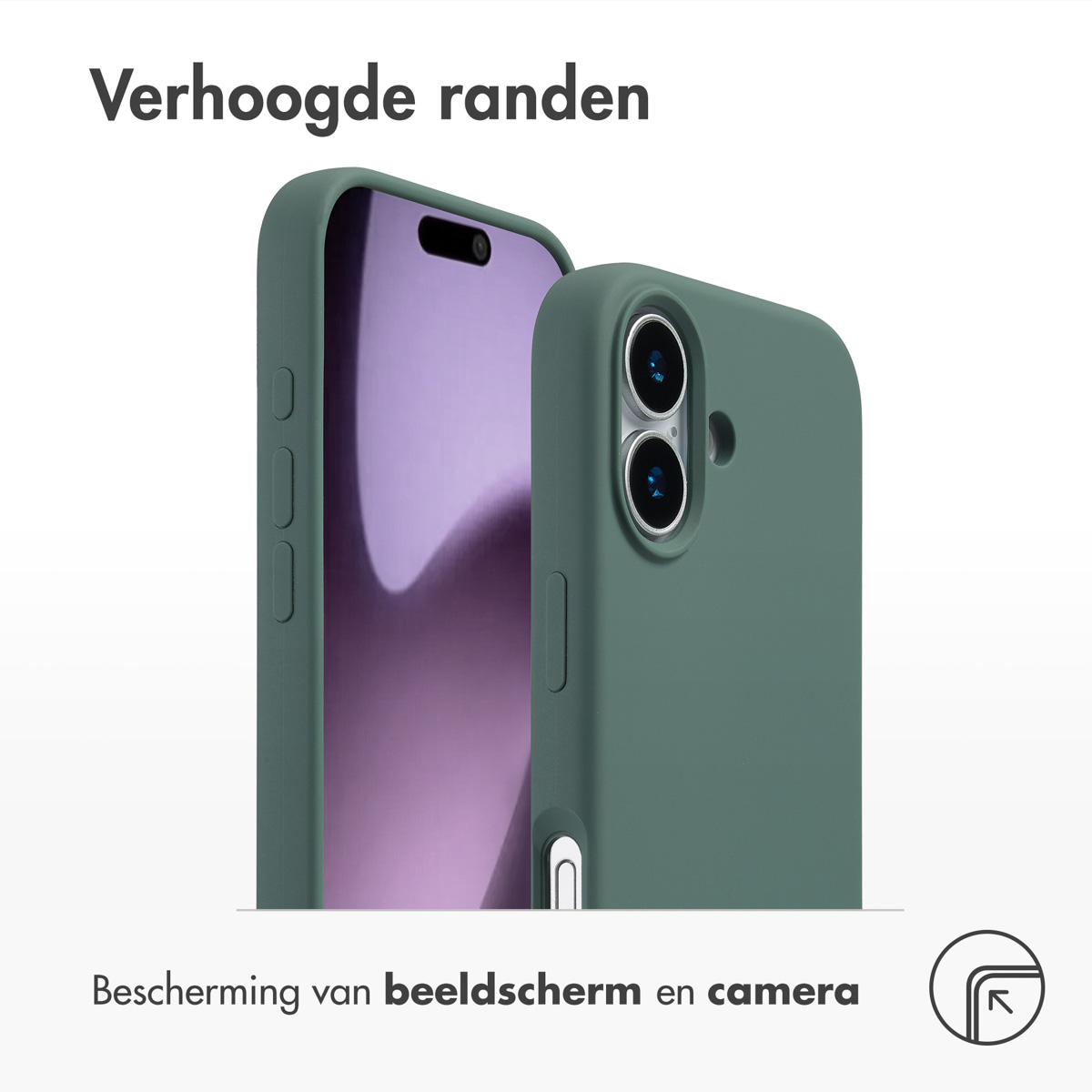 Twee groene telefoonhoesjes. Eén toont het scherm, de andere de achterkant. De tekst bovenaan zegt 'verhoogde randen'.