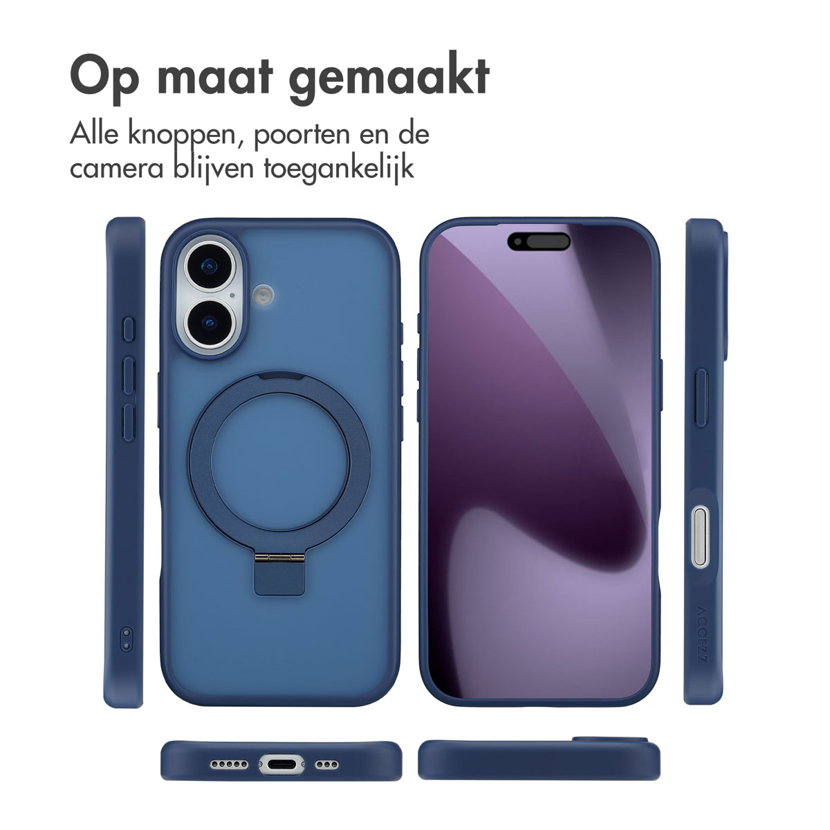 Een blauwe telefoonhoes, schermbeschermer en zijaanzichten van de telefoon worden weergegeven. Tekst zegt: 'Op maat gemaakt' en 'Alle knoppen, poorten en camera toegankelijk'.