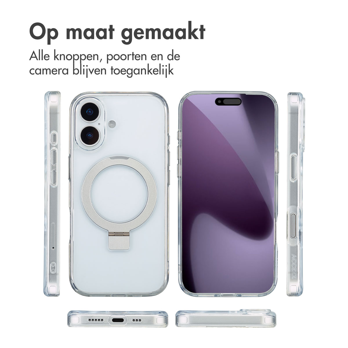 Transparante telefoonhoesjes die verschillende hoeken laten zien. Eén hoesje heeft een ringhouder. Een andere heeft een paars privacy scherm.