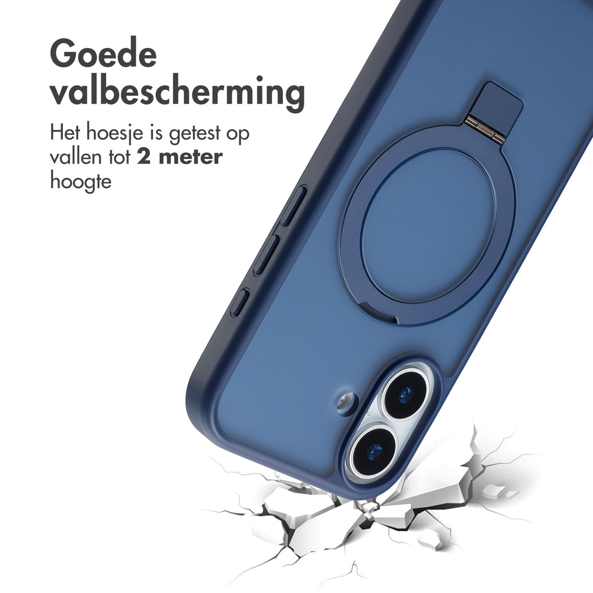 Een blauwe telefoonhoes met ringhouder wordt getoond. Tekst: Goede valbescherming. De hoes is getest tot 2 meter.