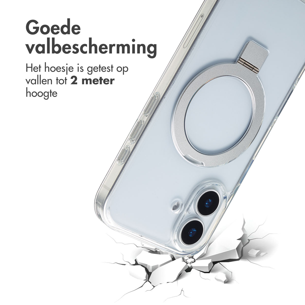 Een telefoonhoesje met ringstandaard valt, raakt de grond en verbrijzelt deze. De tekst luidt 'Goede valbescherming'.