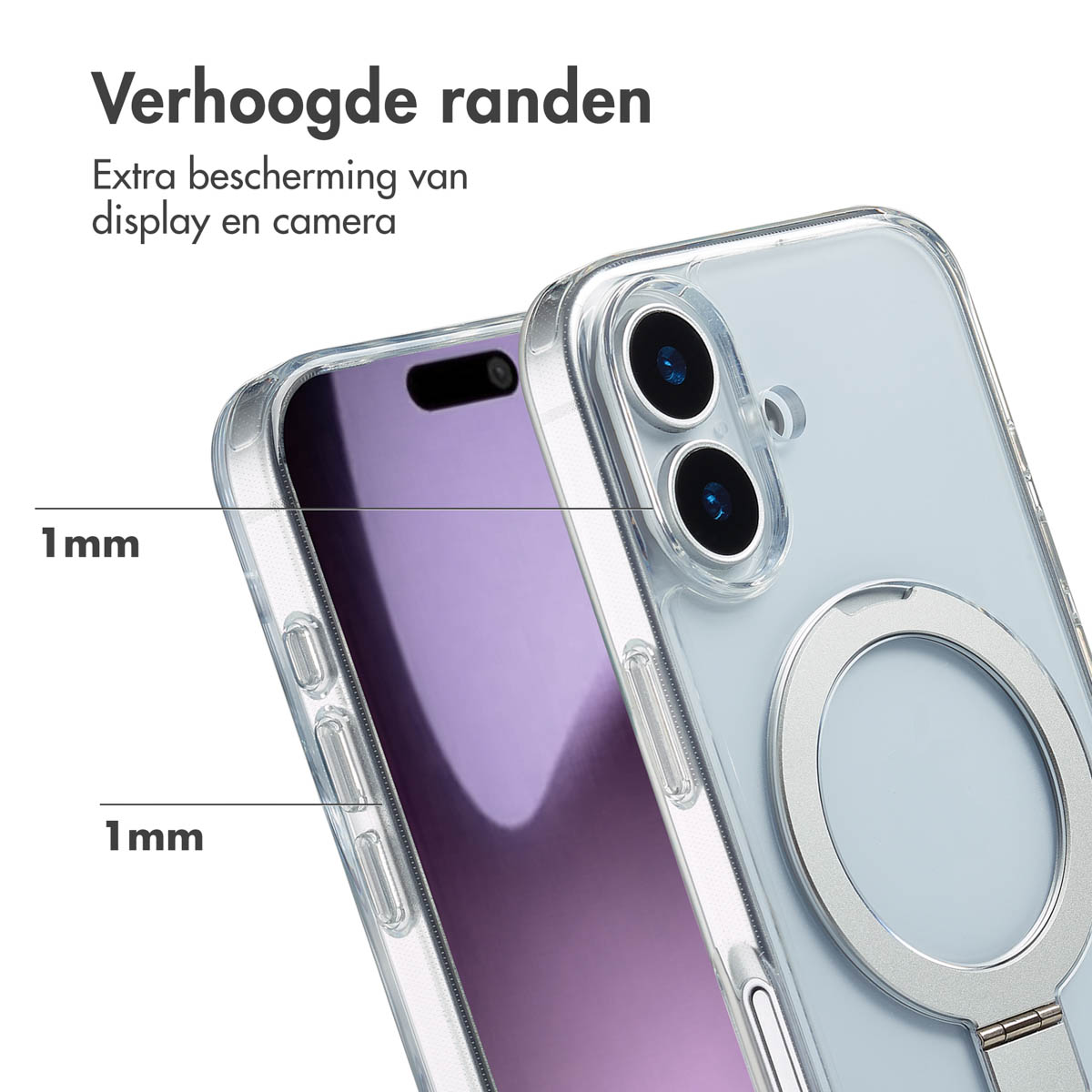 Een doorzichtige telefoonhoes met verhoogde randen, die de camera en het scherm van de telefoon toont. De tekst geeft extra bescherming aan, met metingen van 1 mm.