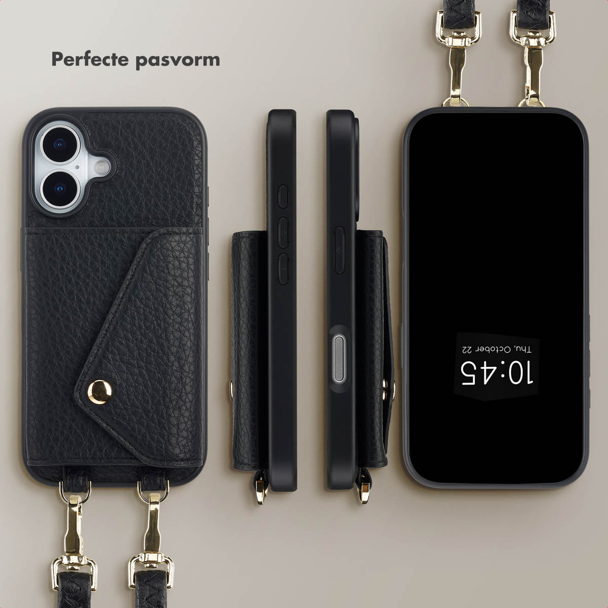 Étuis de téléphone noirs avec lanières, en différentes vues. L'un montre un téléphone avec un écran affichant l'heure. Le fond est beige.