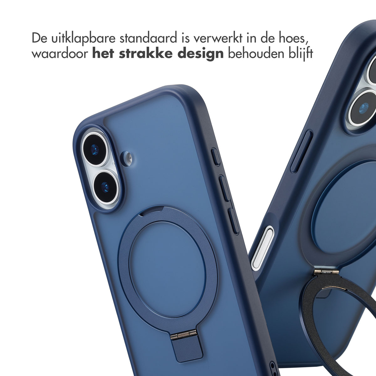 Blauwe telefoonhoesjes met ringhouders. Eén hoesje is open en toont de standaard. De tekst luidt: De opvouwbare standaard is in de hoes verwerkt.