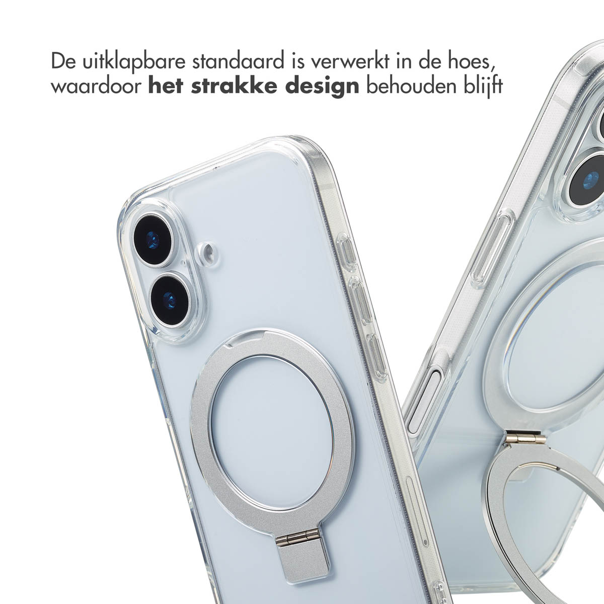 Twee doorzichtige telefoonhoesjes met zilveren ringen. Eén staat, de ander ligt plat. De tekst zegt 'strak design'.