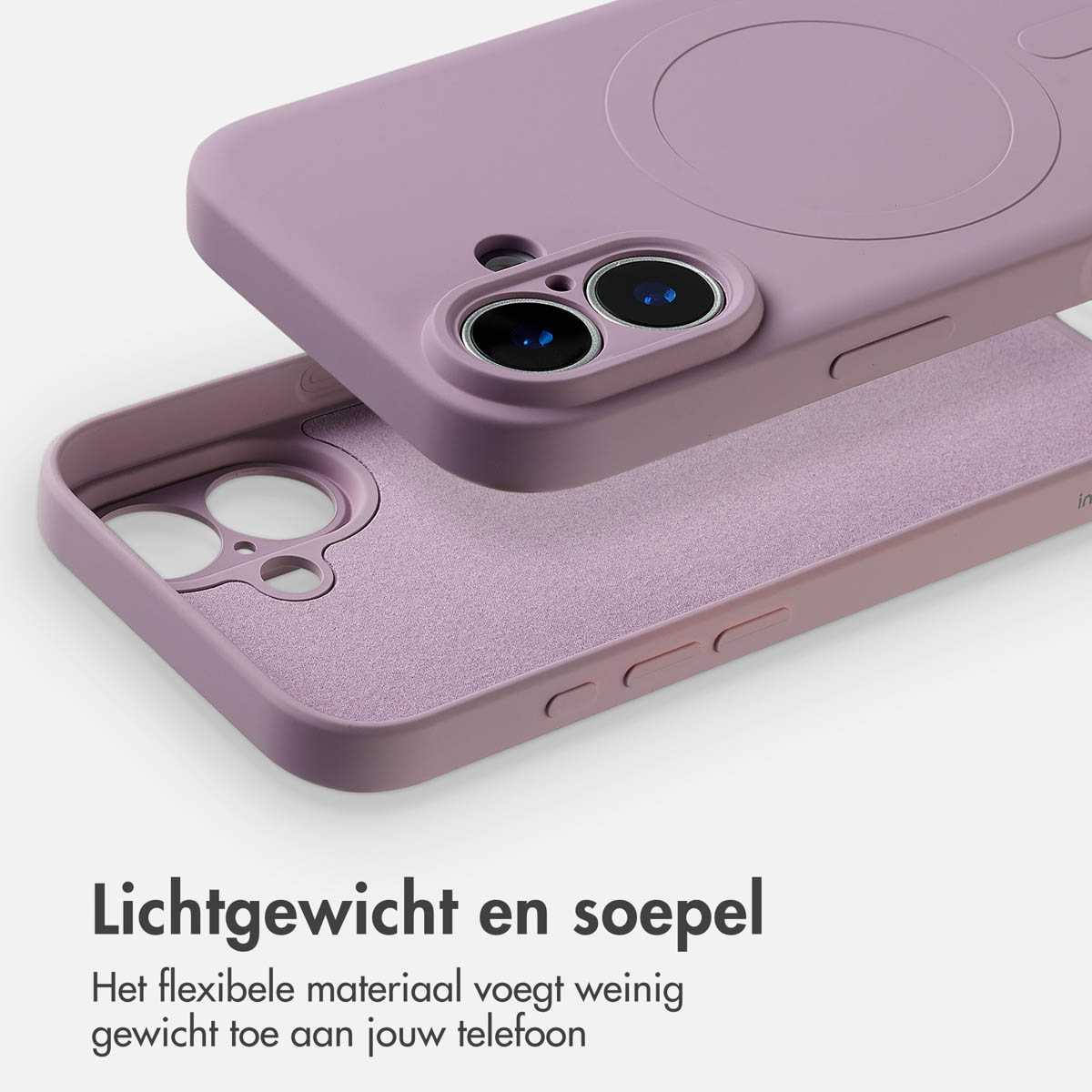 Twee paarse telefoonhoesjes, één iets boven de andere. Tekst: Lichtgewicht en soepel. Het flexibele materiaal voegt weinig gewicht toe aan je telefoon.