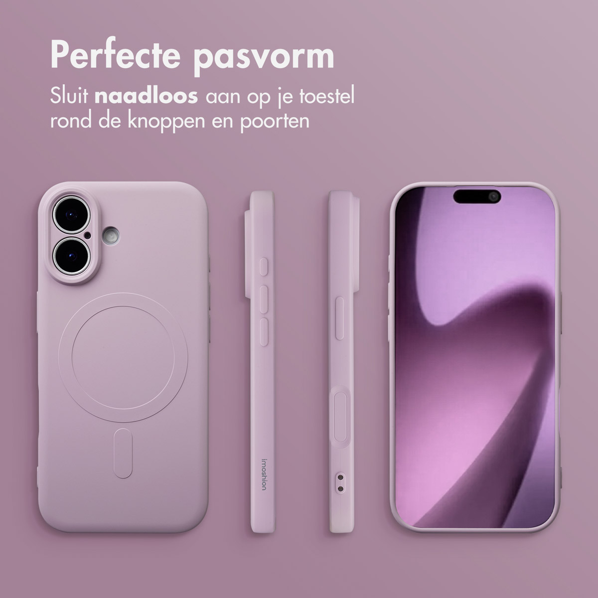 Een telefoonhoesje en een telefoon worden weergegeven. De hoes is lichtpaars. Het telefoonscherm toont een paarse abstracte achtergrond.