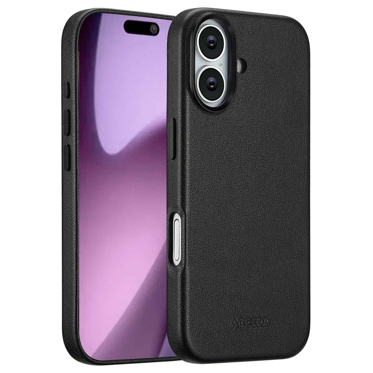 Een zwarte telefoonhoes met een telefoon erin. De hoes heeft een gestructureerd oppervlak en een uitsparing voor de camera. Het scherm is paars.