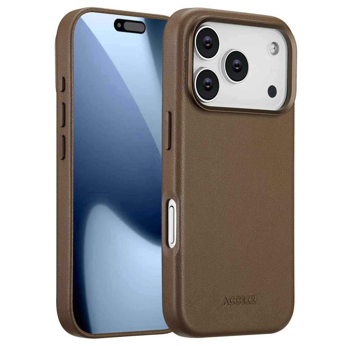 Deux étuis de téléphone marron. L'un contient un téléphone. L'autre est vide. Les deux ont une texture simili cuir.