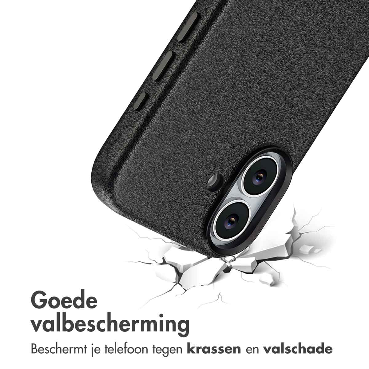 Zwarte telefoonhoes met cameralenzen, vallend op een gebarsten oppervlak. Tekst: 'Goede valbescherming' en andere Nederlandse tekst.