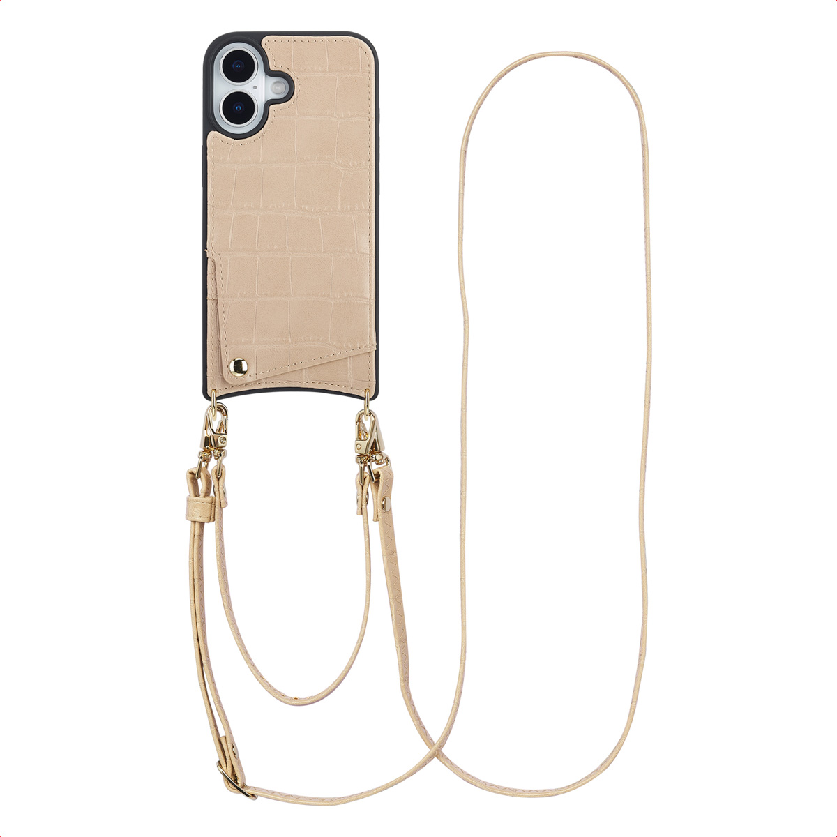 Un étui de téléphone beige avec un portefeuille et une longue sangle. L'étui est texturé crocodile. Fermoirs dorés et boucle. Fond blanc.