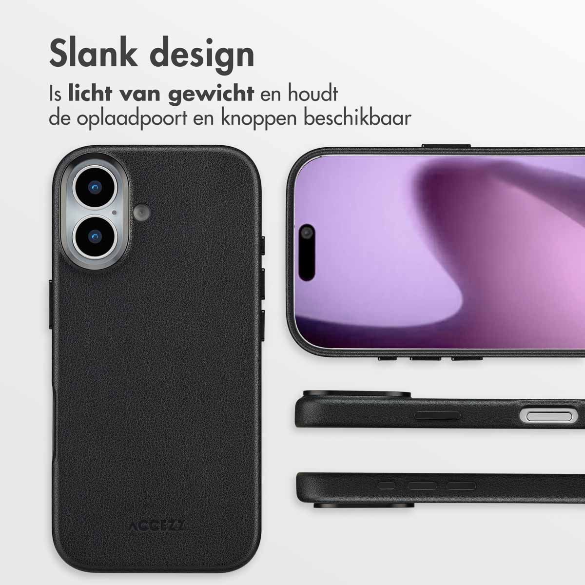 Zwarte telefoonhoesjes. Tekst: Slank ontwerp. Toont een telefoon en zijn hoesje. Ook de boven-, zijkant en onderkant van de hoes.