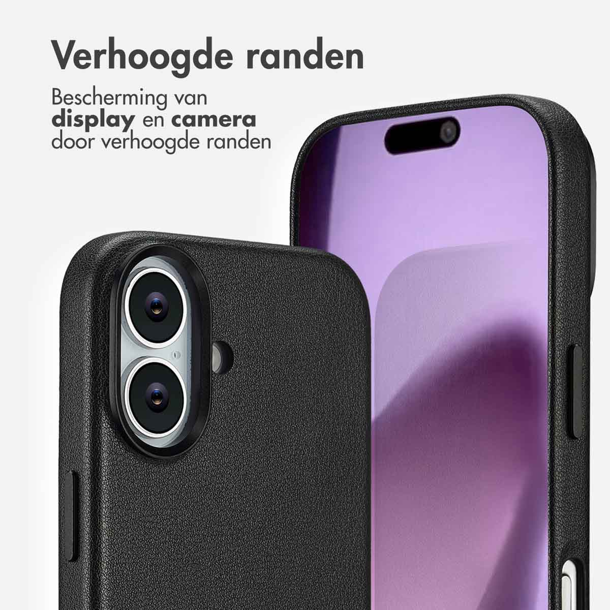 Close-up van twee smartphones met zwarte hoesjes. De hoesjes hebben verhoogde randen. Het scherm van één telefoon is paars.