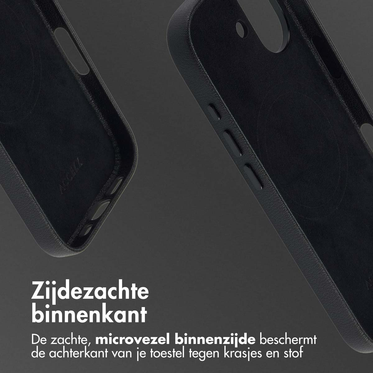 Close-up van zwarte telefoonhoesjes met interieurdetails, inclusief de zachte microvezelvoering om te beschermen tegen krassen.