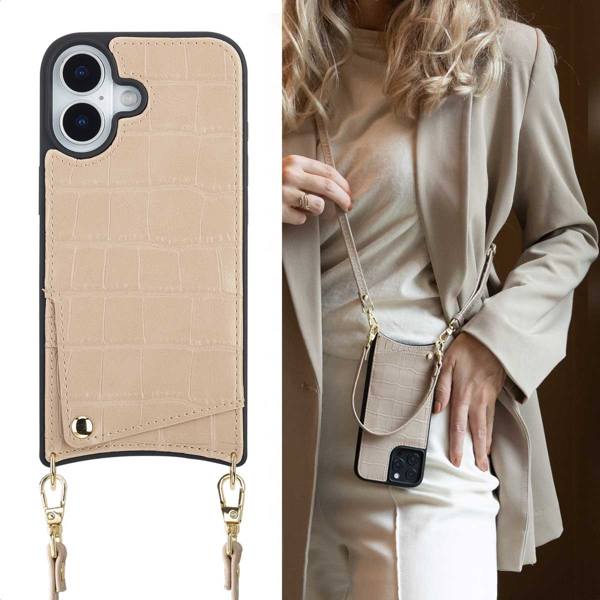 Une femme tient un étui de téléphone avec une sangle. L'étui est marron clair avec un motif crocodile. Elle porte un blazer et un pantalon blanc.