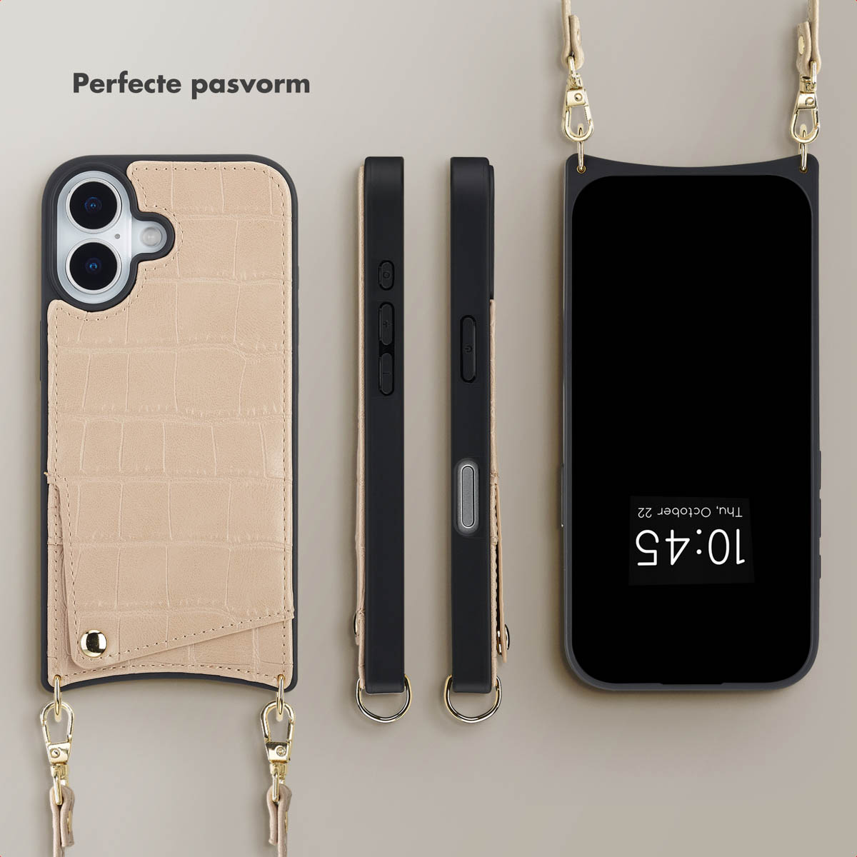 Un ensemble d'étuis de téléphone. Comprend un étui avec porte-cartes, deux étuis latéraux et un téléphone avec une sangle. Le tout en noir et beige.