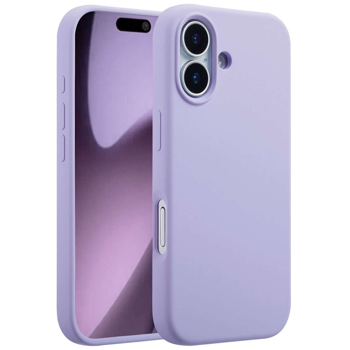 Twee lila telefoonhoesjes, één open. Het open hoesje toont het telefoonscherm. Het andere hoesje toont de cameralenzen en knoppen.