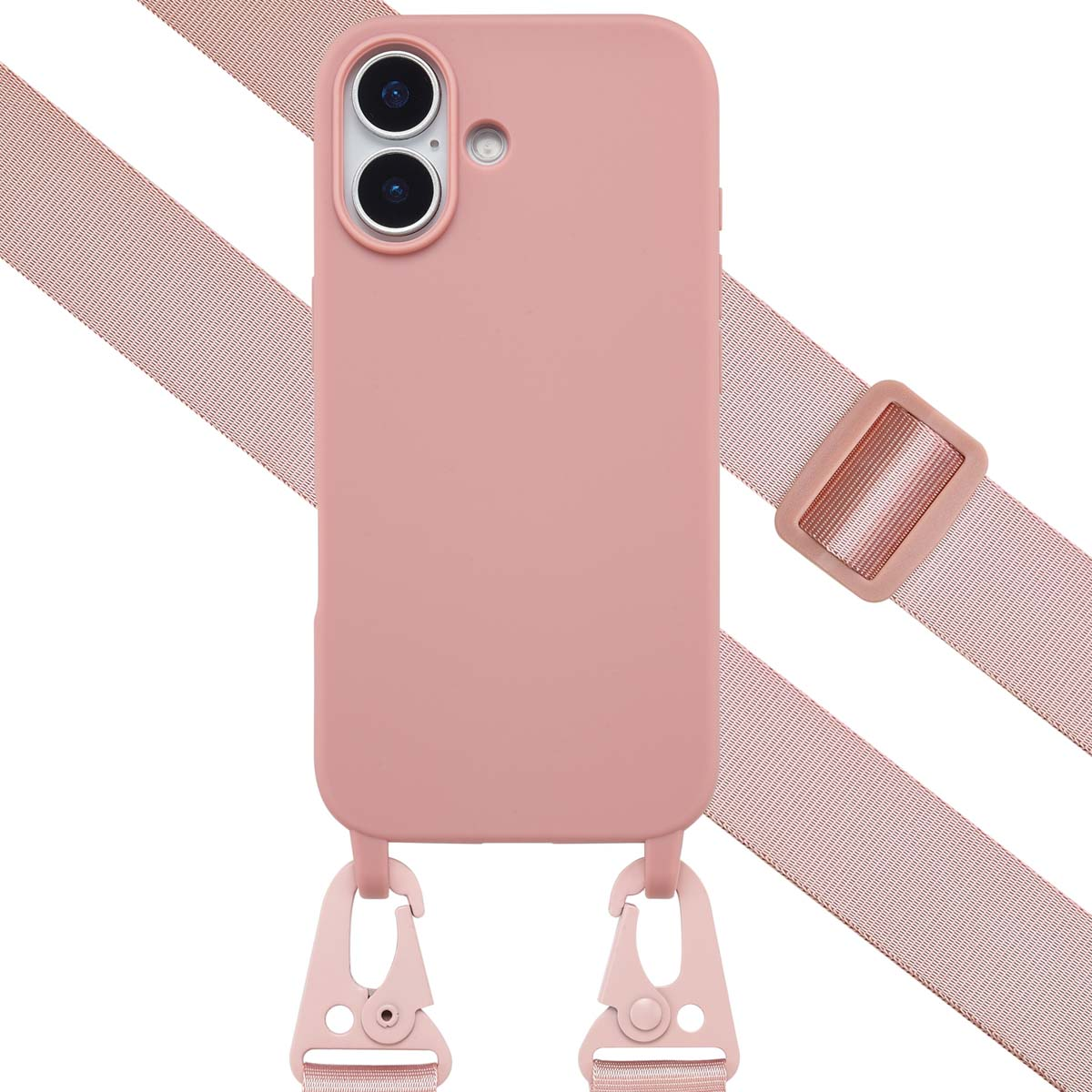 Une coque de téléphone rose avec une sangle et des clips. Le téléphone possède deux caméras. La sangle est également rose et a une boucle.