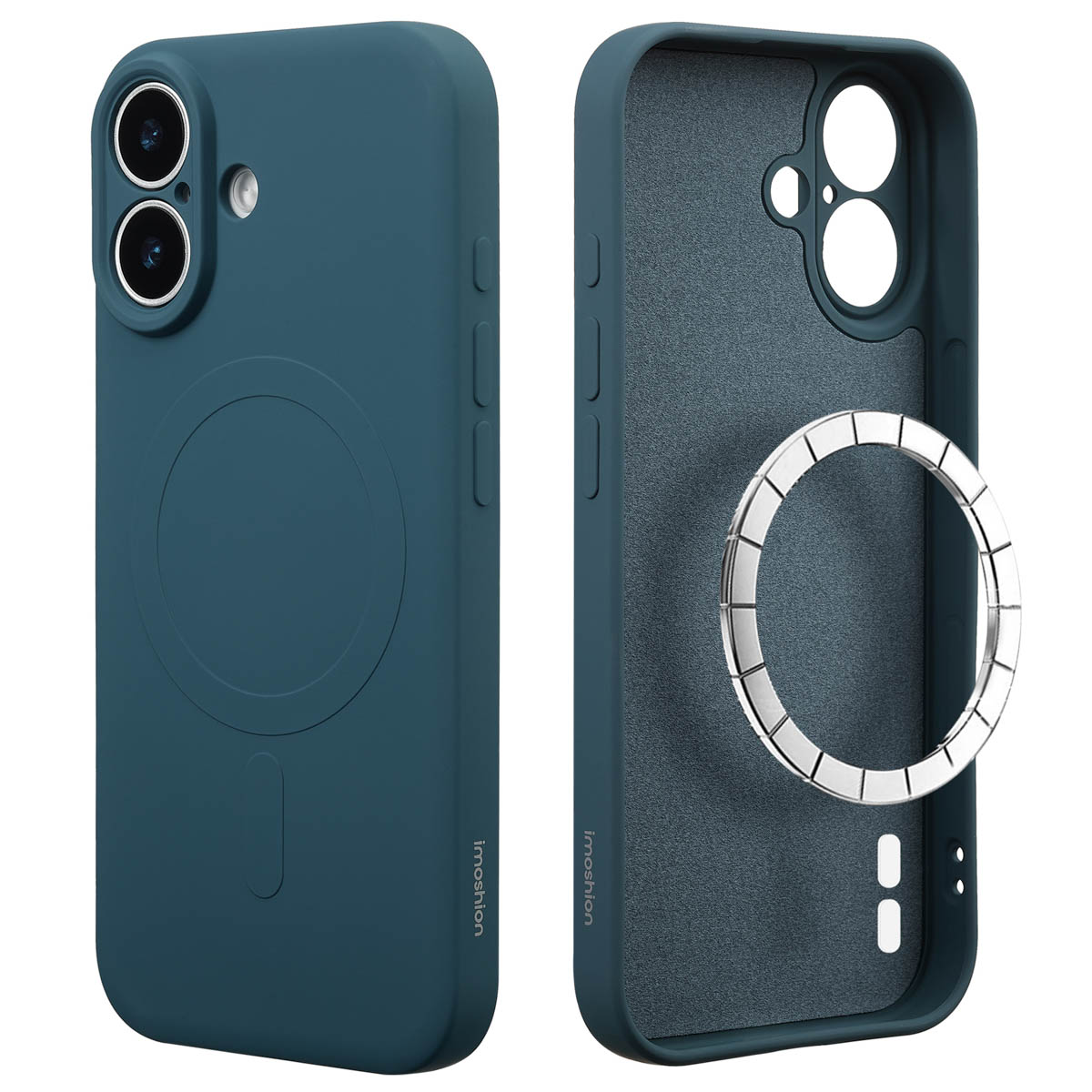 Twee teal telefoonhoesjes. Eén met telefoon en camera's zichtbaar, de andere open met een zilveren ring. Beide hebben 'imoshion' tekst.