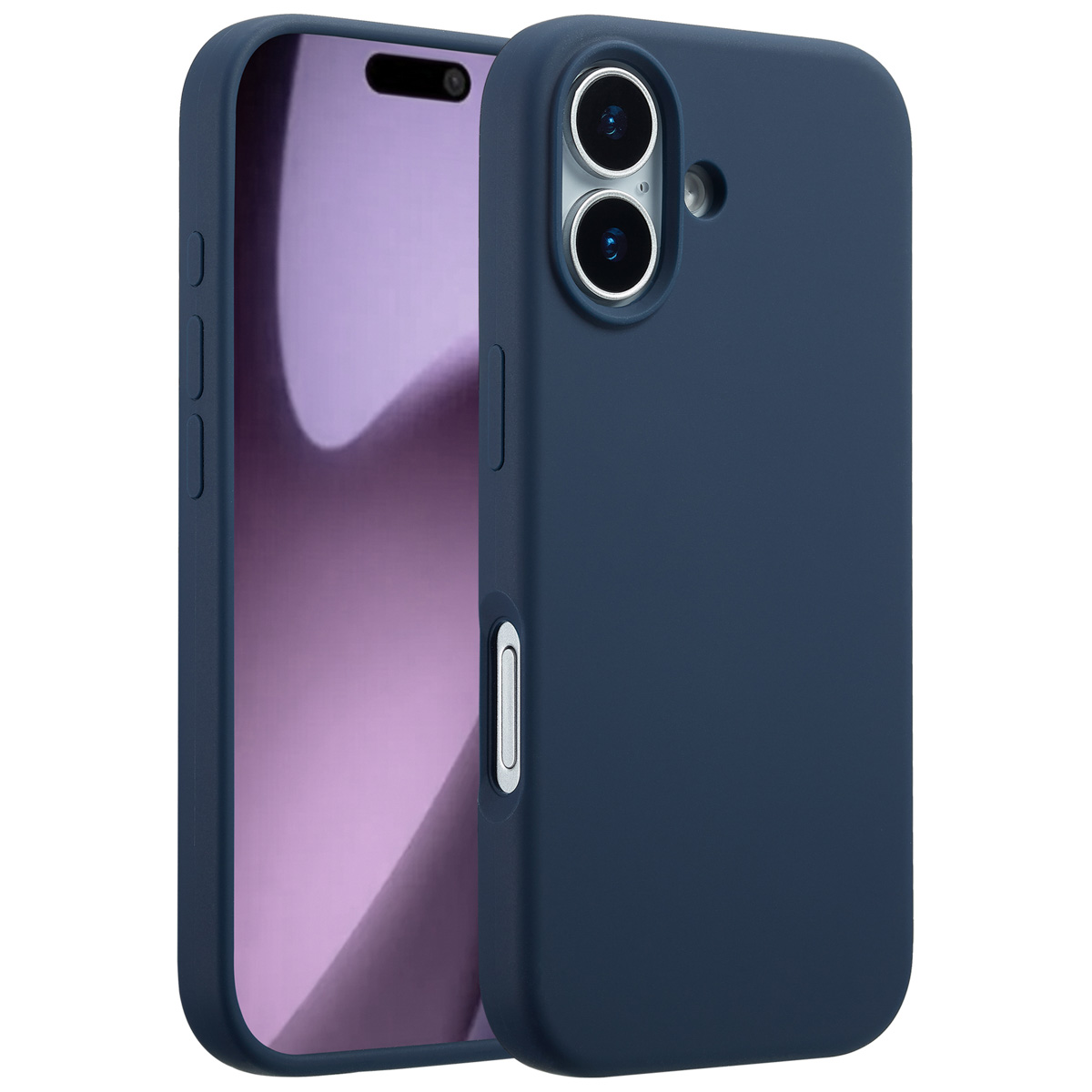 Een marineblauwe telefoonhoes met een telefoon erin. Het telefoonscherm is zichtbaar. De hoes heeft knoppen en camera-uitsparingen.