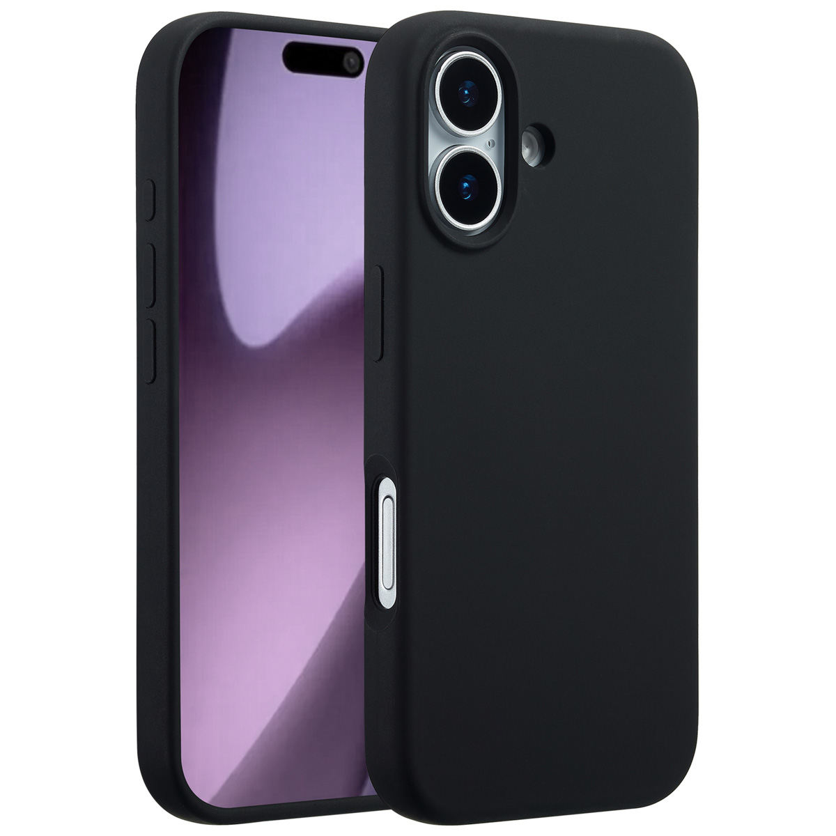Twee zwarte smartphones naast elkaar. Eén toont het scherm, de andere de achterkant met cameralenzen. Witte achtergrond.